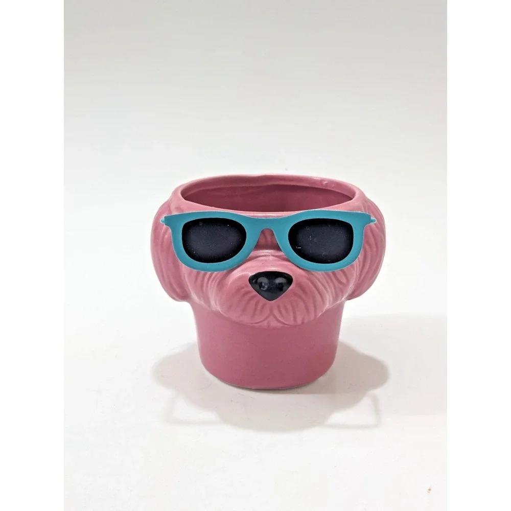 Trader Joes Dog of Days Summer Pink Dog Head Ceramic Planter Pot Sunglasses 3